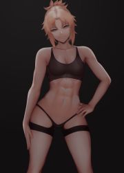  1girl abs absurdres alternate_costume black_background black_shorts black_tank_top blonde_hair breasts fate/apocrypha fate/grand_order fate_(series) green_eyes highres looking_at_viewer medium_breasts mordred_(fate) mordred_(fate/apocrypha) muscular muscular_female navel revision shorts smile sportswear tank_top thighs tomboy toned zaki_(zaki_btw)  rating:Questionable score:129 user:danbooru