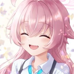  1girl :d ^_^ ahoge blue_archive blue_necktie blush close-up closed_eyes collared_shirt commentary_request ekura28 eyelashes facing_viewer fang female_focus hair_between_eyes hair_intakes halo happy highres hoshino_(blue_archive) long_hair necktie open_mouth pink_hair pink_halo school_uniform shirt simple_background smile solo suspenders white_shirt  rating:General score:7 user:danbooru
