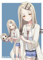  1girl absurdres border camisole character_doll chibigurumi collarbone colored_eyelashes commentary_request denim denim_shorts doll doll_joints earrings flipped_hair gakuen_idolmaster gradient_hair grey_hair highres holding holding_doll idolmaster jewelry joints long_hair looking_at_viewer multicolored_hair onion-lotus orange_eyes outside_border robe rope_belt shinosawa_hiro shorts simple_background smile stud_earrings swept_bangs twitter_username white_border white_camisole white_robe 