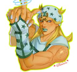  1boy atalajoestar beanie blonde_hair blue_eyes blue_lips blue_nails cropped_torso hat highres horseshoe_hat_ornament johnny_joestar jojo_no_kimyou_na_bouken long_hair looking_at_viewer male_focus muscular parted_lips shirt sleeveless sleeveless_shirt solo star_(symbol) star_print steel_ball_run white_background white_shirt wristband 