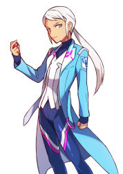  articuno blanche_(pokemon) blue_coat clenched_hand coat commentary_request feet_out_of_frame gen_1_pokemon hand_up holding holding_poke_ball legendary_pokemon long_hair long_sleeves looking_at_viewer momoji_(lobolobo2010) nintendo poke_ball pokemon pokemon_(creature) pokemon_go ponytail solo white_background white_hair 