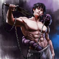  1boy abs absurdres arm_up averting_eyes black_hair broken broken_sword broken_weapon bulge chain clenched_hand commentary contrapposto english_commentary facing_viewer fushiguro_touji highres holding holding_sword holding_weapon jujutsu_kaisen male_focus muscular muscular_male nipple_piercing nipples no_shirt pectorals piercing pubic_hair scar scar_on_face scar_on_mouth short_hair smirk solo sword thejesscode veins weapon worm 