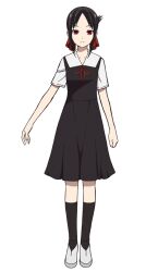  1girl anime_coloring black_dress black_hair black_socks breasts collarbone collared_dress dress folded_ponytail full_body hair_ribbon kaguya-sama_wa_kokurasetai_~tensai-tachi_no_renai_zunousen~ looking_at_viewer official_art parted_bangs red_eyes red_ribbon ribbon school_uniform shinomiya_kaguya shoes short_sleeves shuuchiin_academy_school_uniform sidelocks simple_background socks solo standing summer_uniform transparent_background white_shoes yahiro_yuuko 