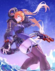  1girl absurdres ahoge arm_up arms_behind_head ass curled_horns cyborg fingerless_gloves floating_hair gloves green_eyes hat highres hood hood_down hooded_jacket horns jacket leaning_back light_smile long_hair long_sleeves magus_(zenless_zone_zero) mechanical_tail orange_hair orpheus_(zenless_zone_zero) outdoors parted_lips pointy_ears standing sumi_momo tail thighhighs twilight twintails twisted_torso underbutt very_long_hair wading water zenless_zone_zero 