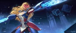  1girl absurdres american_flag american_flag_print armor blonde_hair blue_eyes boots breasts cleavage cleavage_cutout clothing_cutout dress energy energy_beam eye_mask firing flag_print gloves glowing gold_bow hairband highres kamen_america_(comic) kamen_victory large_breasts long_hair looking_at_viewer open_mouth power_gloves purple_eyes rgate smile solo standing star_(symbol) star_cutout striped_clothes striped_footwear superhero_costume thighhighs tight_clothes tight_dress tinted_eyewear vertical-striped_footwear 