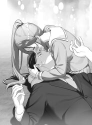  1boy 1girl black_hair blush closed_eyes crying face_hug formal_clothes grey_necktie hair_between_eyes kantoku lap_pillow long_hair long_sleeves lying monochrome necktie on_back open_mouth otonari-san_(sasaki_to_p-chan) pleated_skirt ponytail sad sasaki_(sasaki_to_p-chan) sasaki_to_p-chan school_uniform serafuku simple_background skirt streaming_tears suit sweatdrop teardrop tears upper_body 