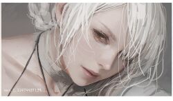  1girl asymmetrical_bangs bandaged_arm bandages braid close-up collarbone commentary copyright_name d.k grey_background hair_over_one_eye kaine_(nier) looking_at_viewer nier_(series) one_eye_covered parted_lips simple_background solo updo white_hair yellow_eyes 
