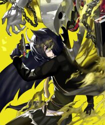  132109chisato 1girl 1other absurdres black_gloves black_pantyhose gloves gun handgun highres horse_girl manhattan_cafe_(umamusume) monster pantyhose persona persona_3 persona_3_reload simple_background thanatos_(persona) umamusume weapon yellow_background 