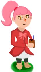  1girl animal_crossing dress drink green_starman holding holding_drink looking_at_viewer nintendo red_dress simple_background standing villager_(animal_crossing) white_background 