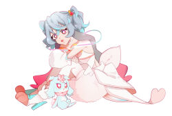  1girl animal animal_feet aqua_hair arms_on_knees back_bow blue_hair bow bright_pupils choker coattails collarbone colored_tips crossed_arms crossed_bangs cure_puca detached_sleeves dot_nose dress full_body hair_between_eyes hair_ornament hairclip happy heart heart_hair_ornament high_heels knees_up large_bow long_sleeves looking_at_another magical_girl medium_hair multicolored_hair open_mouth petticoat pink_eyes precure precure_all_stars precure_all_stars_f preme_(precure) puca_(precure) puffy_long_sleeves puffy_sleeves rabbit short_dress shutou_(pv55508) simple_background sitting sleeveless sleeveless_dress smile solo talking twintails two-tone_hair wavy_hair white_background white_bow white_choker white_dress white_pupils white_sleeves 
