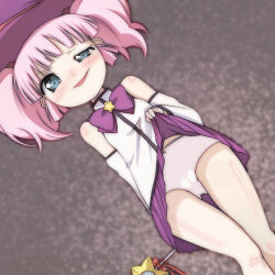 1girl aqua_eyes blush bow bow_panties bowtie breasts brooch cameltoe clothes_lift detached_sleeves grey_background hair_bobbles hair_ornament hat highres holding holding_wand jewelry loli long_hair long_sleeves looking_at_viewer open_mouth panties pink_bow pink_hair purple_bow purple_bowtie purple_hat purple_skirt raised_eyebrow shirt skirt skirt_lift sleeveless sleeveless_shirt small_breasts smile standing star_(symbol) star_brooch star_wand t_jiroo_(ringofriend) twintails underwear wand white_panties white_shirt witch witch_hat yoshikawa_chinatsu yuru_yuri