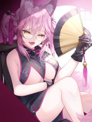  1girl :d absurdres animal_ear_fluff animal_ears bad_id bad_pixiv_id black_dress black_gloves breasts china_dress chinese_clothes clothing_cutout commentary double_bun dress fang fate/grand_order fate_(series) feet_out_of_frame folding_fan fox_cutout fox_ears fox_girl fox_tail gloves hair_between_eyes hair_bun hair_ornament hair_up hand_fan highres holding holding_fan indoors kamomeriko knee_up koyanskaya_(chinese_lostbelt_outfit)_(fate) koyanskaya_(fate) large_breasts looking_at_viewer open_mouth pink_hair side_slit sitting sleeveless sleeveless_dress slit_pupils smile solo sunlight tail tamamo_(fate) tassel underboob underboob_cutout yellow_eyes 