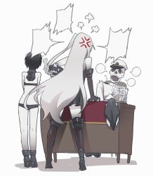  1boy 2girls puff_of_air abyssal_admiral_(kancolle) abyssal_ship admiral_(kancolle) anger_vein bikini black_bikini black_dress black_footwear black_hair blank_speech_bubble boots colored_skin desk dress flying_sweatdrops hat high_heel_boots high_heels i-class_destroyer kantai_collection long_hair multiple_girls one_side_up pale_skin ri-class_heavy_cruiser short_hair simple_background sitting skeleton sleeveless sleeveless_dress speech_bubble standing sweat swimsuit thigh_boots thighhighs white_background white_hair white_skin yamashichi_(mtseven) 