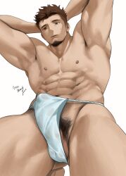  1boy abs armpits arms_behind_head bara brown_hair bulge erection erection_under_clothes facial_hair feet_out_of_frame foreshortening from_below fundoshi gluteal_fold goatee goburin_second highres japanese_clothes male_focus mature_male milestone_celebration muscular muscular_male navel nipples original penis penis_peek short_hair sideburns sideburns_stubble solo stubble thick_eyebrows thick_thighs thighs topless_male undercut wet wet_clothes wet_fundoshi 