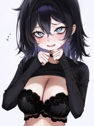  1girl black_bra black_choker black_eyeliner black_hair black_nails black_shrug blue_eyes bra breasts choker cleavage commentary double-parted_bangs ear_piercing embarrassed eyeliner fang fingernails flying_sweatdrops furrowed_brow hair_between_eyes hands_up hickey highres large_breasts long_fingernails long_sleeves makeup medium_hair nail_polish ompf original parted_lips piercing shrug_(clothing) simple_background sleeves_past_wrists solo sweat underwear upper_body wavy_mouth white_background 