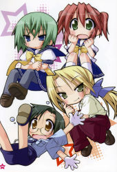  00s 4girls absurdres fang glasses highres iwasaki_minami kobayakawa_yutaka kuroi_nanako lucky_star multiple_girls narumi_yui official_art pantyhose police police_uniform school_uniform serafuku yoshimizu_kagami  rating:Sensitive score:5 user:danbooru