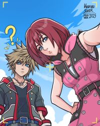  1boy 1girl ? artist_name belt belt_buckle black_belt black_jacket black_shirt blue_belt blue_eyes blue_sky buckle buttons closed_mouth commentary english_commentary hair_between_eyes hand_on_own_hip highres hood hood_down jacket jewelry kairi_(kingdom_hearts) kikufukuslayer kingdom_hearts kingdom_hearts_iii lips looking_at_viewer necklace open_clothes open_jacket parted_lips pink_lips red_hair selfie shirt short_hair short_sleeves sky sleeveless sora_(kingdom_hearts) spiked_hair 