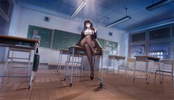  1girl absurdres artist_request azuma_(azur_lane) azuma_(career_counseling_for_the_groom)_(azur_lane) azur_lane black_hair black_shoes black_skirt blush bouncing_breasts breasts bursting_breasts classroom clock collared_shirt come_hither crossed_legs desk dress_shirt flower hair_flaps hair_flower hair_intakes hair_ornament hairclip high-waist_skirt highres index_fingers_together indoors jacket long_hair long_sleeves looking_at_viewer neck_ribbon no_shoes non-web_source official_alternate_costume official_art on_desk panties panties_under_pantyhose pantyhose ribbon school_desk shirt shoes single_shoe sitting skirt spread_legs underwear very_long_hair white_flower white_ribbon white_shirt 