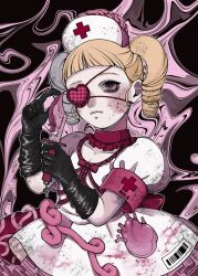  1girl aegyo_sal black_gloves blonde_hair blood blood_on_face brain dress drill_hair eyepatch eyeshadow gloves guro hat heart_(organ) highres holding holding_knife intestines knife lips lolita_fashion ma_214e makeup nurse_cap original pale_skin pink_eyes short_bangs twin_drills yami_kawaii 