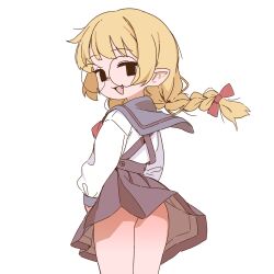  1girl absurdres ass black_eyes black_skirt bow braid cowboy_shot criss-cross_back-straps fang floating_hair from_behind grey_sailor_collar hair_bow highres long_hair looking_at_viewer monogatari_(series) nanahyakuichi_middle_school_uniform neckerchief no_sclera open_mouth orenjipiiru oshino_shinobu petite pleated_skirt pointy_ears red_bow red_neckerchief rimless_eyewear round_eyewear sailor_collar sailor_shirt school_uniform shirt sidelocks skirt skirt_flip solid_eyes solo thighs v_arms white_background white_shirt 