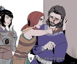  1boy 2girls armor assertive_female baldur&#039;s_gate baldur&#039;s_gate_3 beard black_hair blue_eyes blush brown_hair byuub dungeons_&_dragons dungeons_&amp;_dragons facial_hair gale_(baldur&#039;s_gate) hetero korean_text long_hair looking_at_another meme multiple_girls pinned purple_shirt red_hair shadowheart_(baldur&#039;s_gate) shirt tav_(baldur&#039;s_gate) translation_request 