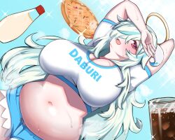 1girl arm_behind_head arm_on_own_head artist_request blue_background blue_hair blue_shorts blush breasts cleavage cola crop_top doubliel dutch_angle food glass green_hair hair_over_one_eye halo highres horns large_breasts long_hair mahjong_fight_girl mayonnaise mayonnaise_bottle messy_hair midriff multicolored_hair navel ninasan okonomiyaki one_eye_covered open_mouth pink_eyes plump shirt short_shorts shorts smile solo sparkle_background sweat white_shirt