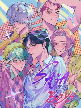  5boys abby_(kpop_demon_hunters) aqua_hair arm_warmers baby_(kpop_demon_hunters) black_hair collared_shirt earrings group_name hair_over_eyes hashtag-only_commentary hat highres jewelry jinu_(kpop_demon_hunters) kpop_demon_hunters looking_at_viewer male_focus multiple_boys mystery_(kpop_demon_hunter) one_eye_closed pink_hair realemonade romance_(kpop_demon_hunters) shirt short_hair smile sparkle v 