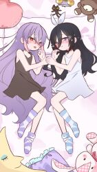  2024 2girls aged_down alice_hoshihime artist_request black_hair blue_socks blush crescent_moon holding_hands indie_virtual_youtuber kamihoshi_project loli long_hair looking_sideways lying moon multiple_girls on_side pillow prisma_alice purple_hair purple_socks socks striped_clothes striped_socks stuffed_animal stuffed_rabbit stuffed_toy syd_karasukami syd_karasukami tongue tongue_out virtual_youtuber 