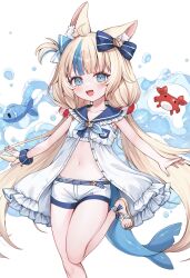  1girl animal_ear_fluff animal_ears blonde_hair blue_eyes blue_hair feet highres indie_virtual_youtuber long_hair multicolored_hair navel sameko_saba shibainu smile solo tail toes 