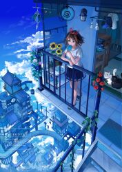  1girl above_clouds absurdres animal aqua_dress architecture artist_name bag bell black_cat blue_bag blue_eyes blue_flower blue_shorts blue_skirt blue_sky blue_theme book bookshelf bow bow_hairband bowl brown_hair building cat closed_mouth cloud cloudy_sky commentary_request day doormat doorway dress east_asian_architecture electric_fan fantasy fish floating_city floating_hair flower food glass_bottle goldfish hairband highres holding holding_food holding_popsicle industrial_pipe looking_ahead miniskirt neck_bell no_socks oboro_duki original outdoors pet pink_flower plant popsicle potted_plant red_bow red_flower red_hairband sandals scenery school_bag see-through_clothes see-through_skirt shirt short_hair short_sleeves shorts shorts_under_skirt simple_bird skirt sky sleeveless sleeveless_dress slice_of_life smile solo stairs standing sunflower table tile_floor tiles traffic_light twitter_username unworn_clothes veranda vines wall_lamp water watermark white_cat white_flower white_shirt wide_shot windmill yellow_flower 