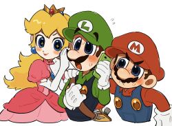  1girl 2boys angry arm_around_back blonde_hair blue_eyes blue_overalls blush cellphone crown dress earrings facial_hair gloves green_hat green_shirt hand_on_another&#039;s_shoulder hat highres holding holding_phone jewelry long_hair long_sleeves looking_at_another luigi mario mario_(series) mimimi_(mimimim9999) multiple_boys mustache nintendo open_mouth overalls phone pink_dress princess princess_peach puffy_short_sleeves puffy_sleeves red_hat red_shirt shirt short_hair short_sleeves simple_background smile sparkling_eyes surprised sweat upper_body white_background white_gloves 