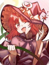  bow capelet crescent dress fang fang_out hat hat_bow highres holding holding_plant kirisame_marisa kirisame_marisa_(pc-98) long_sleeves one_eye_closed open_mouth plant purple_capelet purple_dress purple_hat red_eyes red_hair ribbon short_hair smile story_of_eastern_wonderland touhou touhou_(pc-98) turtle-kun wand witch_hat 