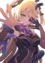 black_gloves blonde_hair bow bowtie closed_mouth falling_feathers feathers fischl_(genshin_impact) genshin_impact gloves green_eyes highres leotard long_hair looking_at_viewer mizuki_(lvo0x0ovl) purple_bow purple_bowtie reaching reaching_towards_viewer short_hair simple_background single_glove smile solo two_side_up upper_body white_background 