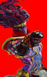  black_gloves black_hair blue_eyes colored_skin gloves highres jojo_no_kimyou_na_bouken no_humans pointing purple_skin red_background simple_background solo stand_(jojo) star_platinum stardust_crusaders uu0000322 