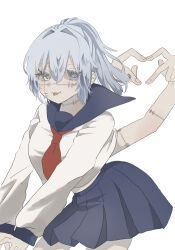  1girl blue_eyes blue_hair breasts cowboy_shot extra_arms finger_heart genderswap genderswap_(ftm) hair_ornament hair_scrunchie heterochromia highres ikiru_(user_tkwy8825) jujutsu_kaisen long_hair low-tied_long_hair mahito_(jujutsu_kaisen) medium_breasts official_alternate_costume scrunchie simple_background solo stitched_face stitched_neck stitches thick_eyelashes white_background yellow_eyes 