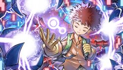  1boy absurdres akamine_naoki artist_logo artist_name atlurkabuterimon atlurkabuterimon_(red) backpack bag brown_hair closed_eyes commentary digimon digimon_adventure electricity english_commentary extra_arms facing_viewer gloves highres insect_wings izumi_koshiro logo male_focus mixed-language_commentary orange_shirt shirt short_hair spiked_hair wings yellow_gloves 