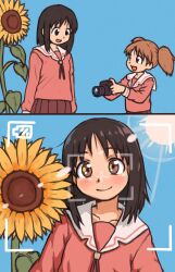  2girls 2koma azumanga_daioh&#039;s_school_uniform azumanga_daiou beachepisode black_hair blue_sky blush brown_eyes camera collarbone comic day flower highres holding holding_camera kasuga_ayumu long_sleeves looking_at_another looking_at_viewer medium_hair mihama_chiyo multiple_girls open_mouth outdoors pleated_skirt red_skirt sailor_collar school_uniform serafuku short_hair short_twintails skirt sky smile sunflower twintails viewfinder white_sailor_collar  rating:General score:27 user:Anti_Gendou
