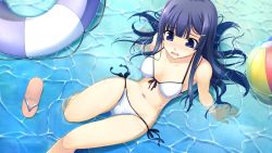  1girl ball bare_shoulders beachball bikini blue_eyes blue_hair blush breasts buoyant_hair female_focus flip-flops game_cg hair_ornament hairclip innertube long_hair matching_hair/eyes navel open_mouth outdoors sandals sitting solo sweat swim_ring swimsuit water 