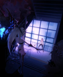 1boy 1girl absurdres ass back bad_id bad_pixiv_id bandeau blonde_hair broom brown_hair demon demon_girl demon_tail dutch_angle glowing glowing_eyes hallway hat highres horns ladic original pointy_ears staff stairs demon_girl tail thighhighs witch_hat rating:Sensitive score:36 user:danbooru