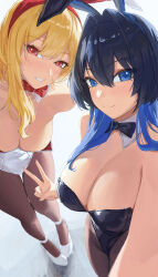  2girls absurdres alternate_costume animal_ears black_bow black_bowtie black_leotard black_pantyhose blonde_hair blue_eyes blue_hair bow bowtie breasts cleavage detached_collar hairband highleg highleg_leotard highres hololive hololive_english hololive_indonesia kaela_kovalskia large_breasts leotard multiple_girls ouro_kronii pantyhose playboy_bunny rabbit_ears red_eyes red_hairband selfie smile v virtual_youtuber white_leotard yoellim5 