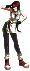  1girl braid braided_ponytail brown_eyes brown_hair dougi falcoon female_focus gloves headband highres karate_gi leather leggings pale_skin pants ponytail ryuuko_no_ken shoes sneakers snk socks solo the_king_of_fighters thick_thighs thighs white_background yoga_pants yuri_sakazaki 