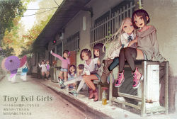 6+girls :d ^_^ air_conditioner alley black_hair black_legwear blonde_hair blue_eyes blue_neckwear blue_ribbon blue_skirt blunt_bangs blush boots bottle brown_eyes brown_footwear brown_hair brown_sweater cellphone character_request child clenched_teeth closed_eyes closed_mouth english_text funnel_(tool) hair_bobbles hair_ornament hairclip highres hime_cut holding holding_phone japanese_clothes japanese_text kaya_(tiny_evil) kimono laughing long_hair long_sleeves looking_at_viewer miyako_(tiny_evil) miyu_(tiny_evil) muk_(monsieur) multiple_girls natsumi_(tiny_evil) nina_(tiny_evil) oil-paper_umbrella open_mouth outdoors panties pantyshot pee phone pink_shoes polka_dot polka_dot_skirt ribbon sailor_collar sana_(tiny_evil) school_uniform selfie serafuku shirt shoes short_hair short_twintails sitting skirt smile squatting standing sweater teeth thighhighs tiny_evil tongue tree twintails umbrella underwear white_hair white_legwear white_shirt yukiri_(tiny_evil) yurika_(tiny_evil) yuu_(tiny_evil) rating:Sensitive score:378 user:danbooru