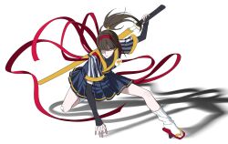  1girl black_arm_warmers black_shirt blue_skirt brown_hair frown full_body geta hair_ornament hair_over_one_eye highres imadake_dabuchi_tabemi japanese_clothes katana kimono mcdonald&#039;s nubezon samurai_tamago_tabemi sheath sheathed shirt skirt socks solo striped_clothes striped_kimono sword tabi tengu-geta weapon white_socks 