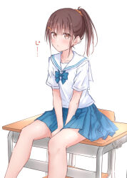  1girl blue_skirt blush bow brown_eyes brown_hair closed_mouth collarbone desk hair_between_eyes hair_ornament hairclip highres kutatsu_(kutatsu7) long_hair looking_at_viewer on_desk original pleated_skirt ponytail sailor_collar school_desk school_uniform shirt short_sleeves simple_background sitting skirt solo white_sailor_collar white_shirt 