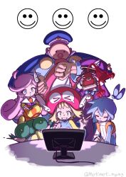  &gt;_&lt; 3boys 3girls absurdres ahoge amitie_(puyopuyo) arm_up artist_name bald blonde_hair blue_bow blue_eyes blue_hair blue_hat blue_jacket book bow bowtie clenched_teeth clock closed_mouth commentary computer_mouse computer_virus covering_face crossed_arms curly_hair donut_hair_bun double_bun fat fat_man glasses green_eyes green_hair hair_bun hair_ornament hand_on_another&#039;s_head hands_up hat highres holding holding_book holding_computer_mouse horns jacket klug_(puyopuyo) lidelle_(puyopuyo) long_hair long_sleeves looking_at_screen medium_hair monitor motimoti_mgmg multiple_boys multiple_girls parted_lips pink_hair pointy_ears purple_hat purple_jacket puyopuyo puyopuyo_fever_2 raffina_(puyopuyo) red_hat red_nose round_eyewear scared screen_light shirt short_hair sig_(puyopuyo) simple_background sleeves_past_fingers sleeves_past_wrists smiley_face standing striped_clothes striped_shirt tartar_(puyopuyo) teeth twitter_username very_long_sleeves white_background wide-eyed wing_hair_ornament winged_hat you_are_an_idiot_(virus) 