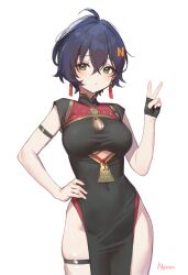  1girl adelie_cat alternate_costume arm_strap belle_(zenless_zone_zero) blue_hair blush breasts china_dress chinese_clothes cleavage_cutout clothing_cutout commentary cosplay covered_navel crossed_bangs dress earrings fingerless_gloves gloves green_eyes hair_between_eyes hair_ornament hand_on_own_hip highres jewelry letter looking_at_viewer no_panties pelvic_curtain short_hair single_glove skindentation solo sweety_(zenless_zone_zero) sweety_(zenless_zone_zero)_(cosplay) tassel tassel_earrings thigh_strap thighs underboob_cutout v white_background zenless_zone_zero 