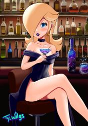  absurdres alcohol bar_(place) blonde_hair blue_eyes blush bottle breasts cocktail_glass crossed_legs cup dress drinking_glass galaxy glass highres lipstick looking_at_viewer makeup mario_(series) medium_breasts nintendo off-shoulder_dress off_shoulder rosalina side_slit signature sparkle super_mario_galaxy ty_wilgs  rating:General score:24 user:Hatrade