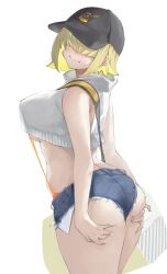 1girl ass ass_focus baseball_cap black_hat blonde_hair breasts closed_mouth cropped_sweater denim denim_shorts elegg_(nikke) goddess_of_victory:_nikke hair_over_eyes hands_on_own_ass hat highres hii_(motorholic) micro_shorts shorts sleeveless sleeveless_sweater smile solo sweater underboob white_sweater rating:Sensitive score:45 user:danbooru