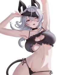  1girl alternate_costume armpits arms_up black_horns black_panties blush breasts cat_cutout cat_ear_panties cat_lingerie cleavage_cutout clothing_cutout collarbone commentary_request cowboy_shot curled_horns drooling grey_hair hair_between_eyes highres horns korean_commentary kurotel687 large_breasts linea_alba long_hair meme_attire navel one_eye_closed open_mouth panties red_eyes side-tie_panties simple_background sleep_mask solo stomach underboob underwear white_background wuthering_waves zani_(wuthering_waves) 