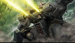  aiming artist_request battle beam_cannon building cable company_name copyright_notice crack damaged energy energy_beam energy_gun firing glowing gundam gundam_battle_operation_2 gundam_zz machinery mecha mecha_focus mobile_suit neo_zeon one-eyed pink_eyes realistic robot ruins science_fiction solo sunrise_(company) vernier_thrusters weapon zaku_iii 